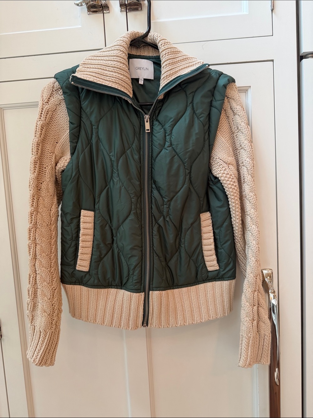 Greylin Forest Green Quilted Front with Cream Cable-Knit Sleeve Jacket